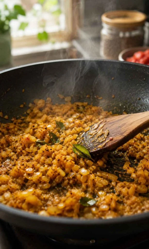 Cooking onions garlic ginger and spices for curry