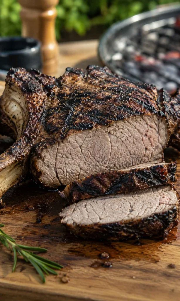 Overcooked lamb steak showing dry interior after excessive grilling.