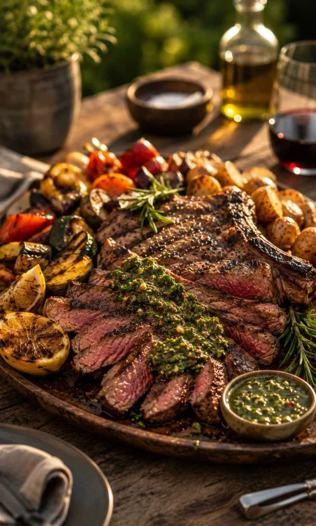 Juicy barbecue lamb served with grilled vegetables and herbs.