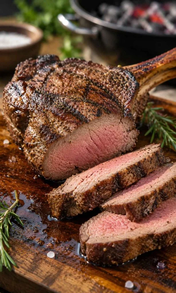 Perfect medium-rare lamb steak with juicy pink centre.