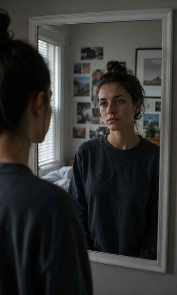 Person looking into a mirror questioning personal identity during long-term depression