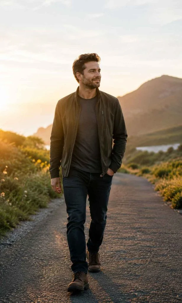 Individual walking outdoors after gradual long-term improvement from persistent depressive disorder