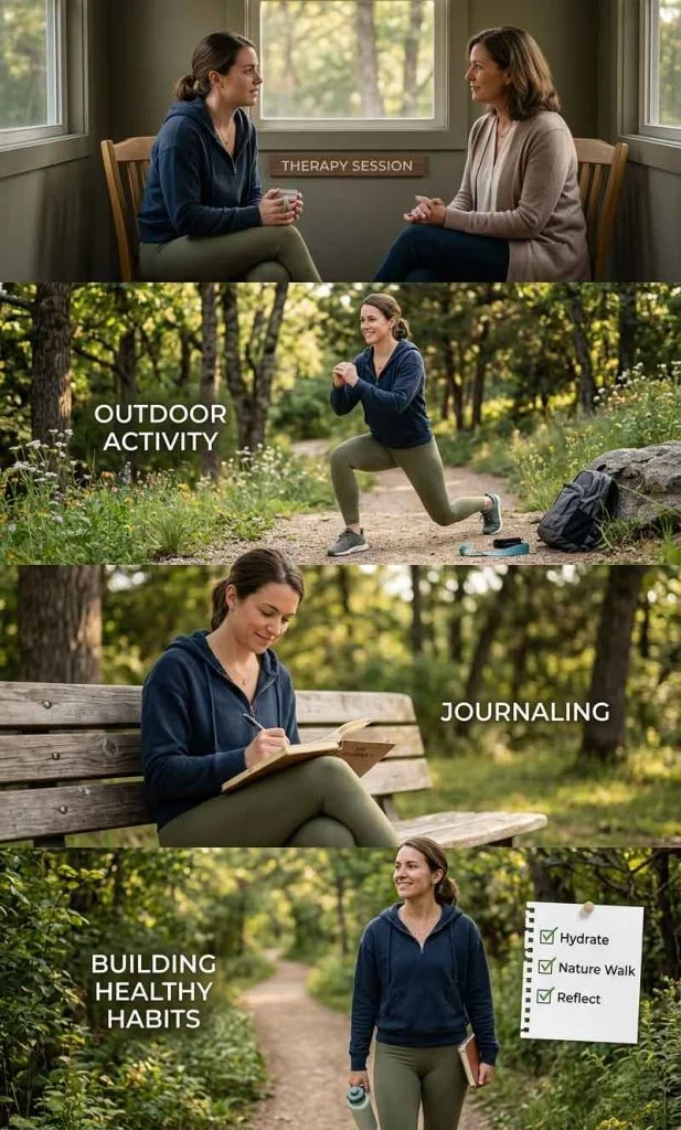 Person gradually rebuilding emotional well-being through therapy exercise and healthy habits