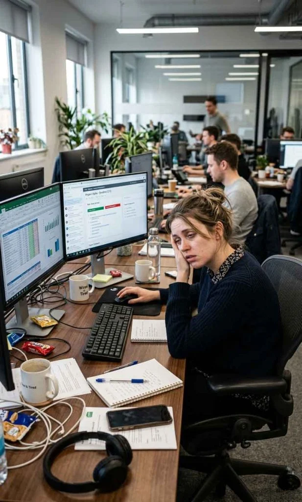 Professional employee experiencing low motivation and fatigue at work due to chronic depression