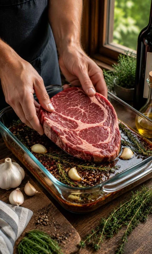 Raw ribeye steak being placed into a red wine marinade before refrigeration.