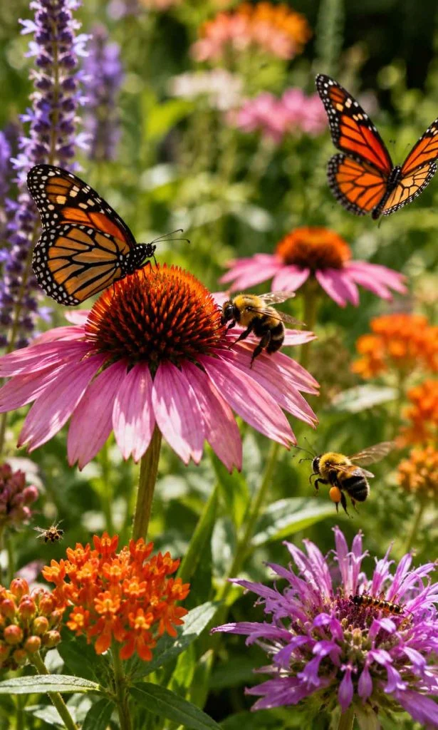 bees and butterflies visiting flowering plants in a home garden