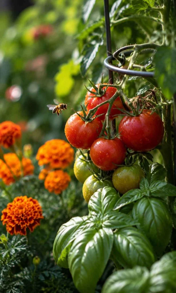 vegetable garden filled with flowering companion plants and pollinators