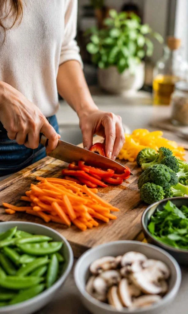 Fresh vegetables being sliced for curry noodles