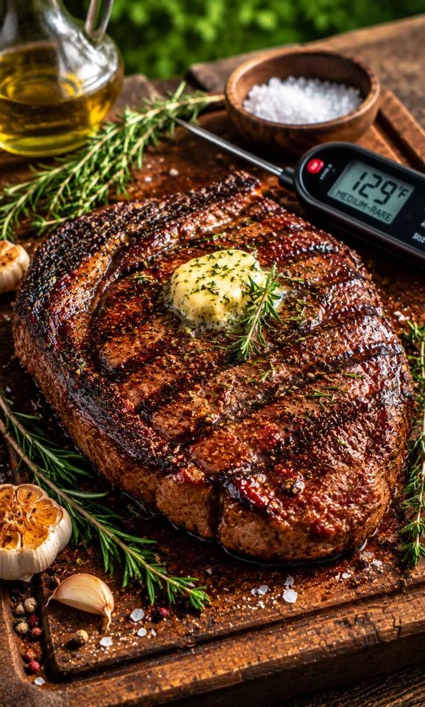 Red wine marinated grilled steak served with roasted vegetables and a glass of red wine.