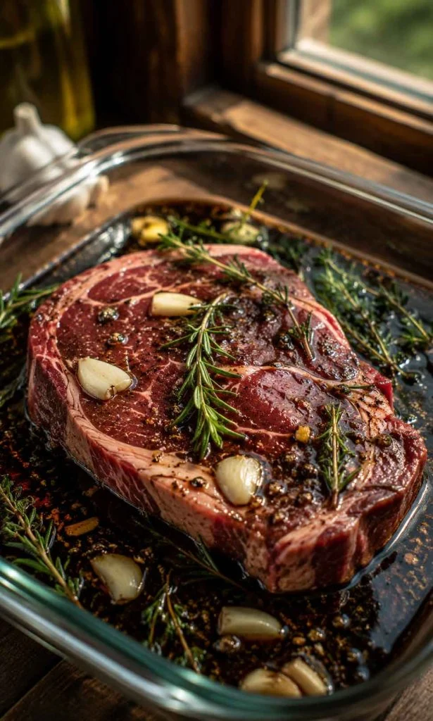 Raw beef steak marinating in a glass dish with red wine, rosemary and garlic before grilling.