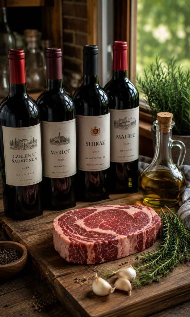 Selection of dry red wines suitable for beef barbecue marinades displayed beside fresh herbs and raw steak.