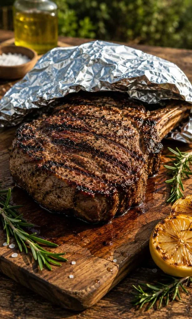 Grilled lamb resting under loose foil before slicing.