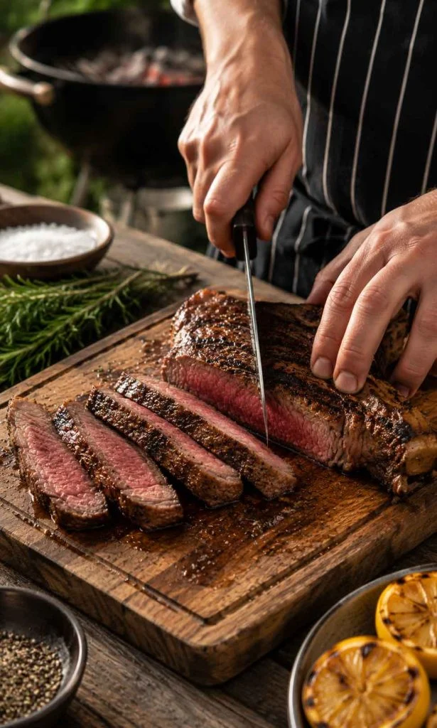 Chef slicing grilled lamb against the grain for tenderness.