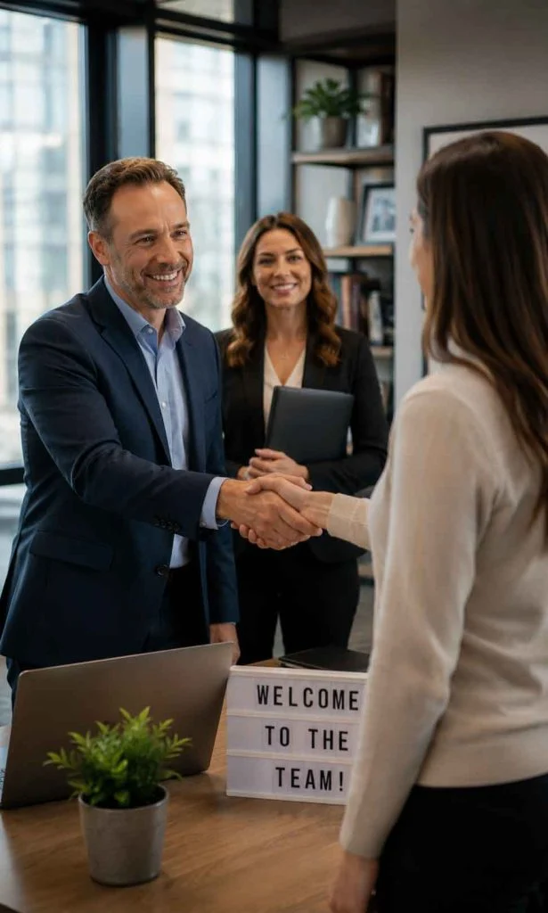 Employer and newly hired employee shaking hands after successful recruitment.