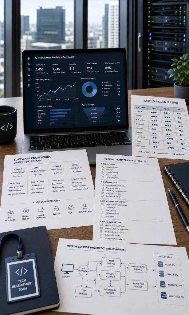 Technology recruitment workspace with developer career roadmap, AI hiring dashboard, cloud skills matrix, and technical interview checklist.