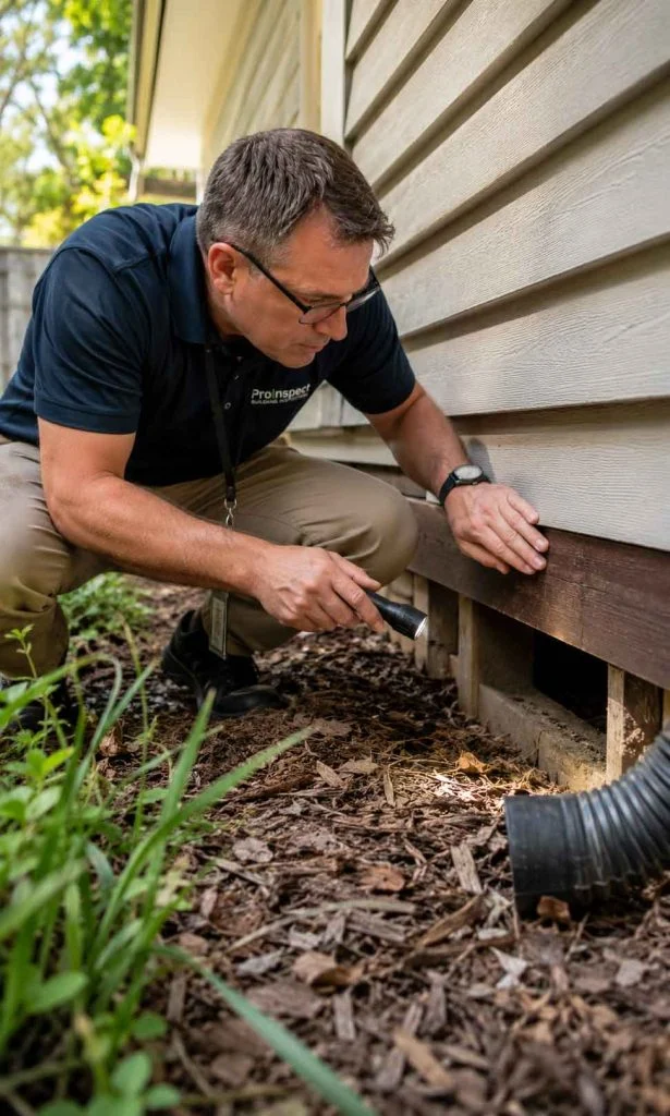 Residential exterior showing moisture-prone foundation area attracting termite activity
