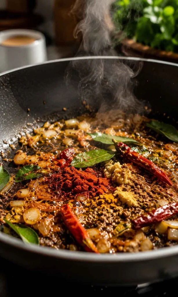 Curry spices warming in a skillet