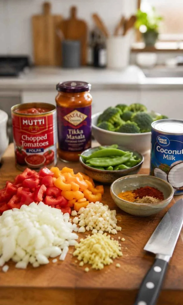 Fresh vegetables spices coconut milk and tomatoes prepared for curry