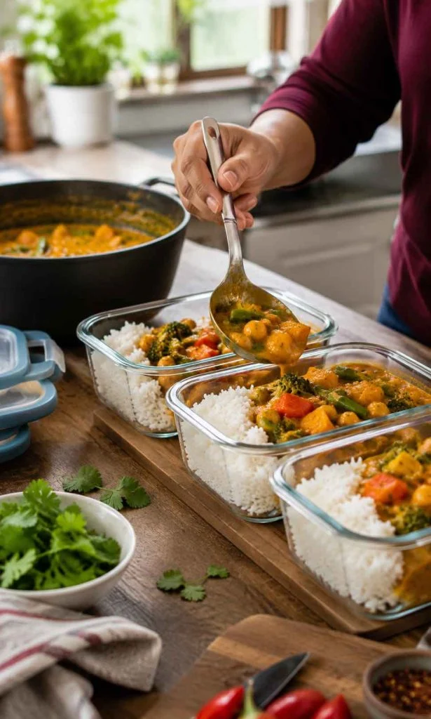 Vegetable curry packed into lunch containers for next day meals