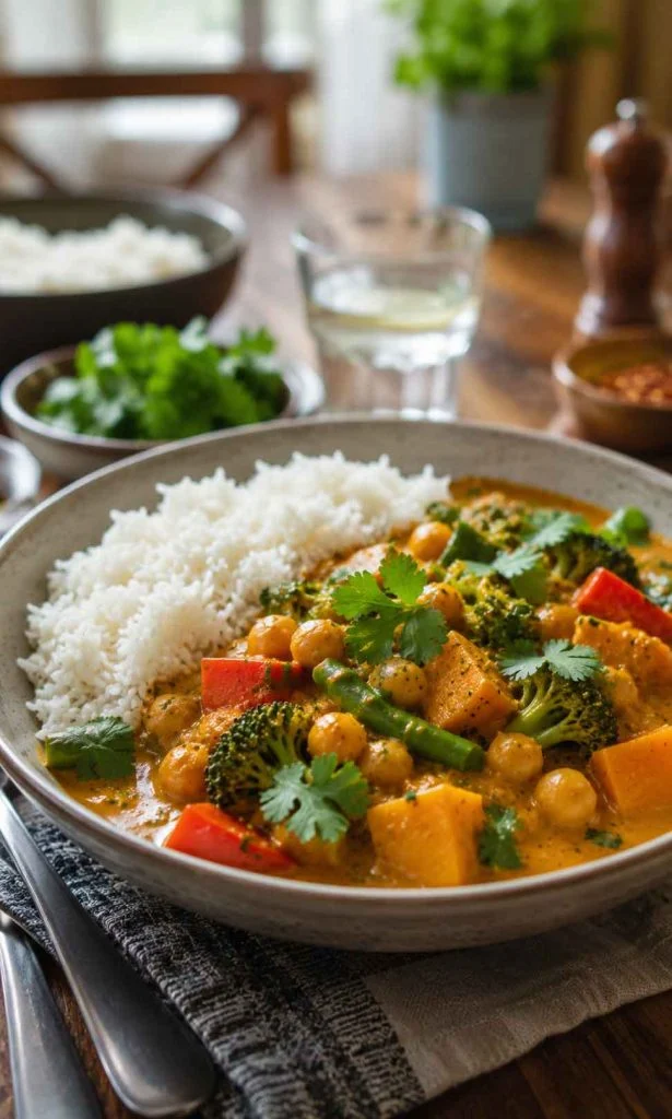 Vegetable curry served with steamed rice in family dinner setting