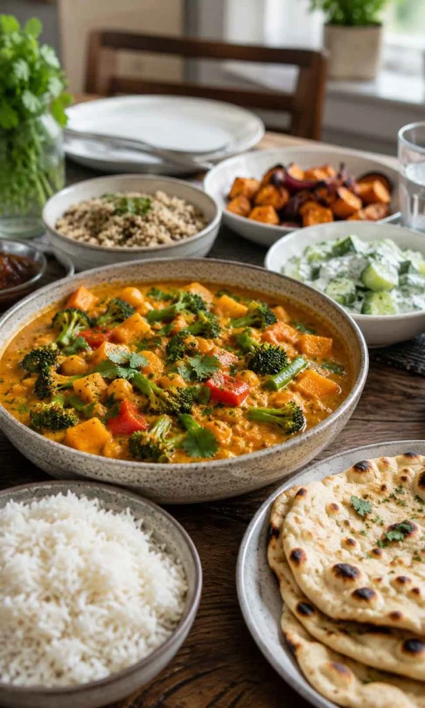 Vegetable curry served with rice naan bread and side dishes