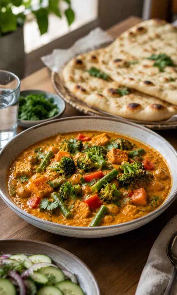 Vegetable curry with warm naan bread