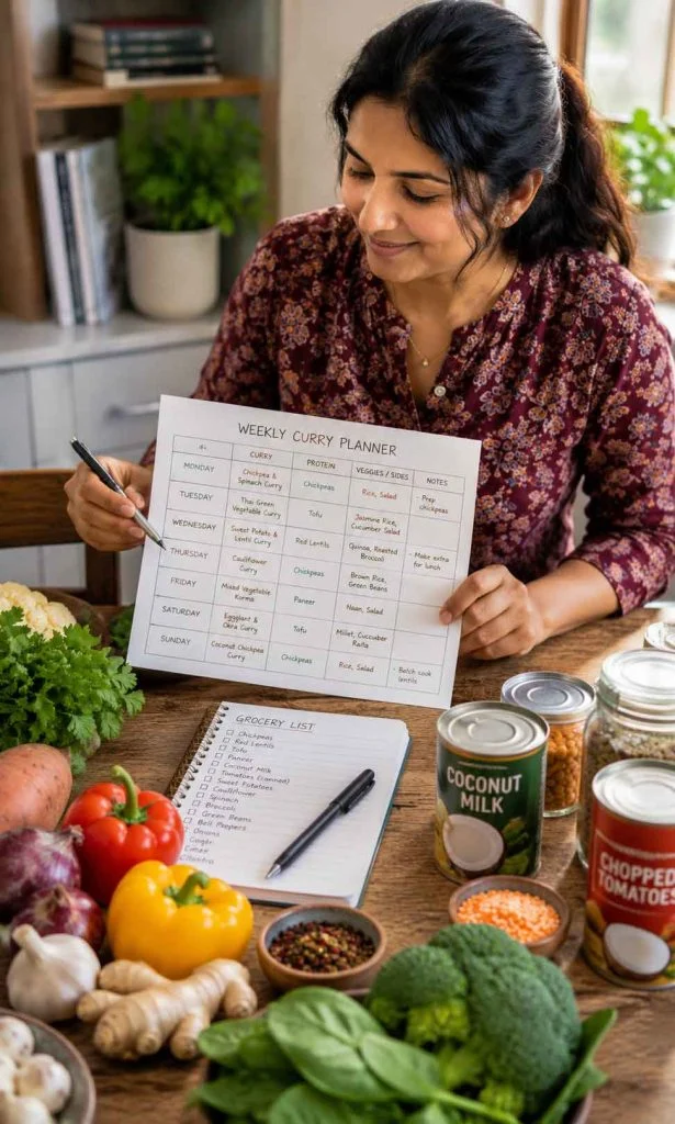 Mother planning weekly curry meals and grocery shopping list