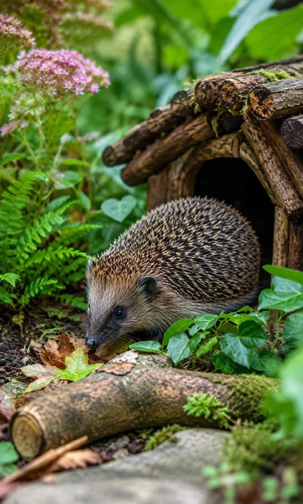 wildlife habitat corner with shrubs logs and natural shelter