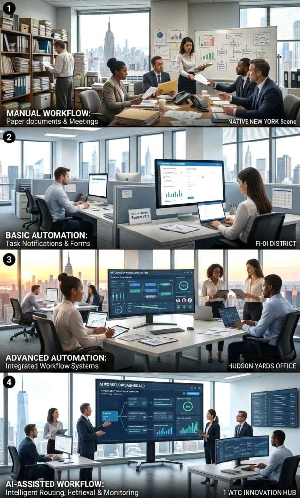 Comparison between manual workflows, automation systems, and AI-assisted workflow environments