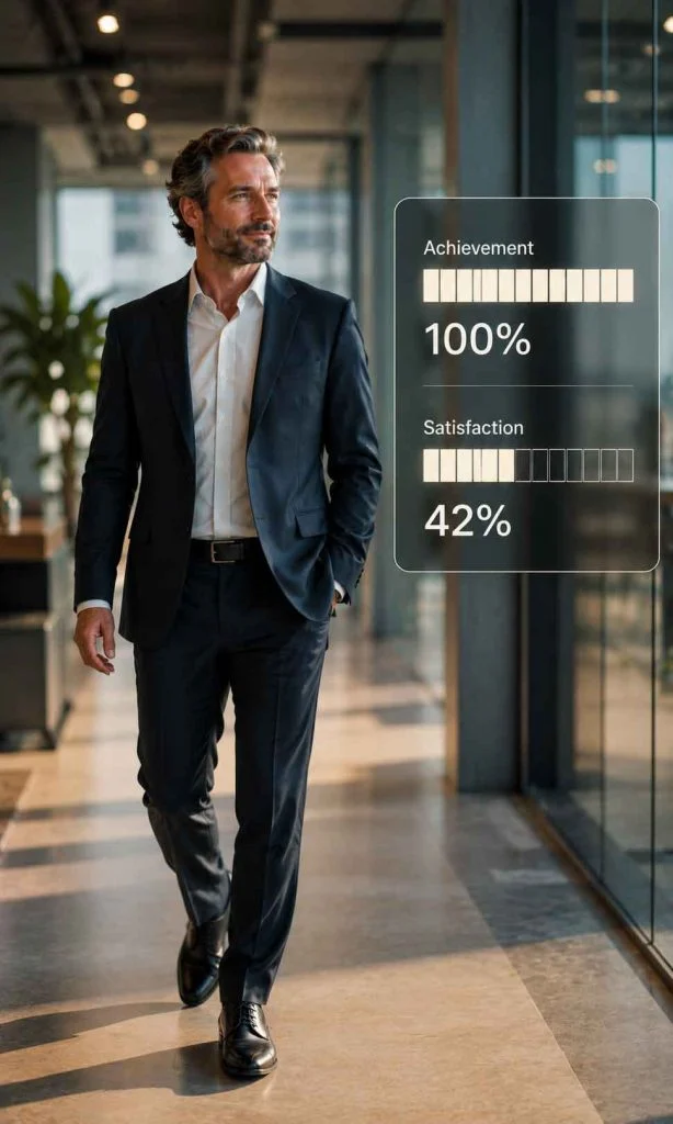 Executive reviewing achievement and satisfaction levels inside a modern office.