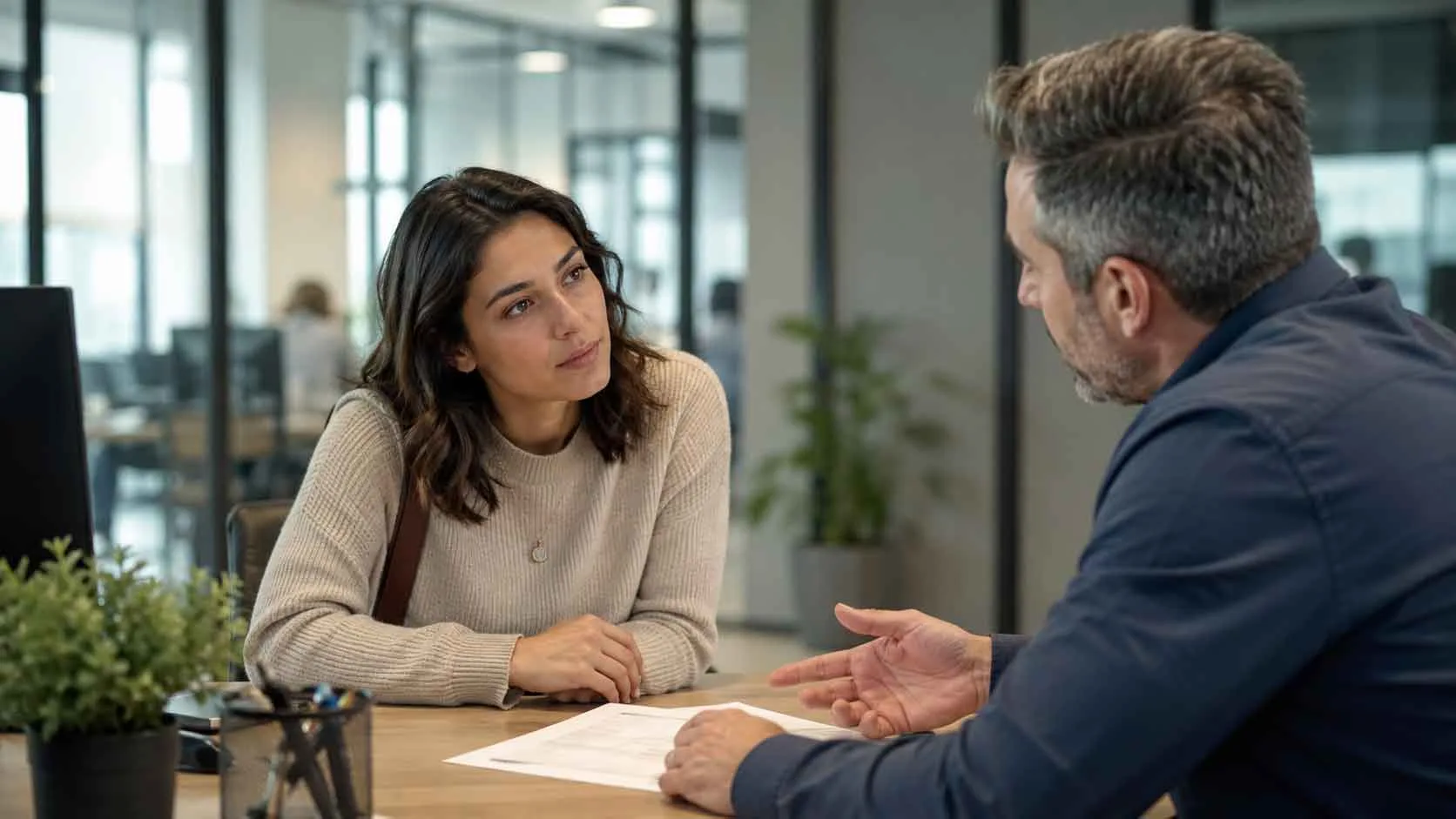 Job seeker meeting with a professional recruitment consultant at a modern employment agency