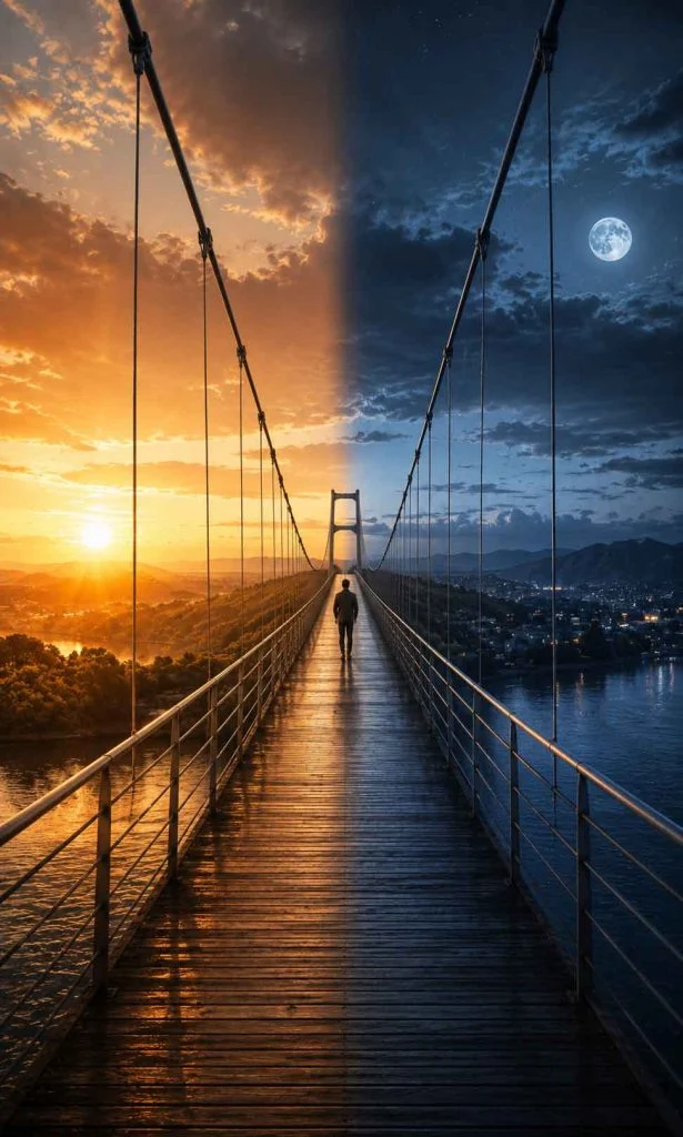 Person standing on a surreal bridge connecting sunrise and moonlight representing bipolar disorder