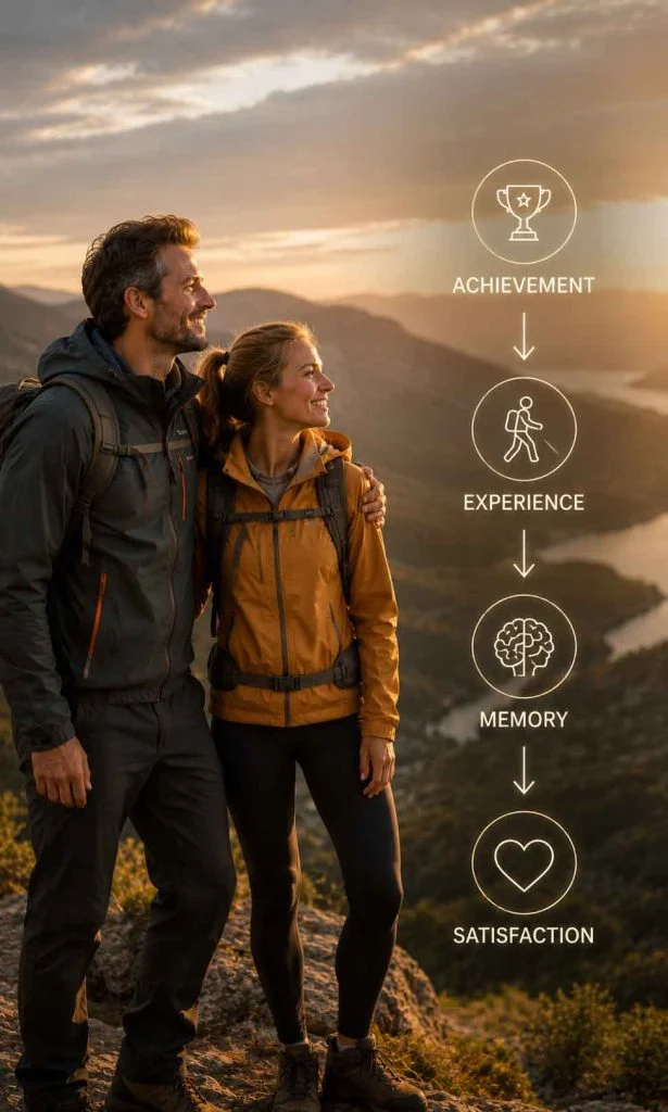 Couple enjoying a scenic mountain viewpoint after completing a hike.