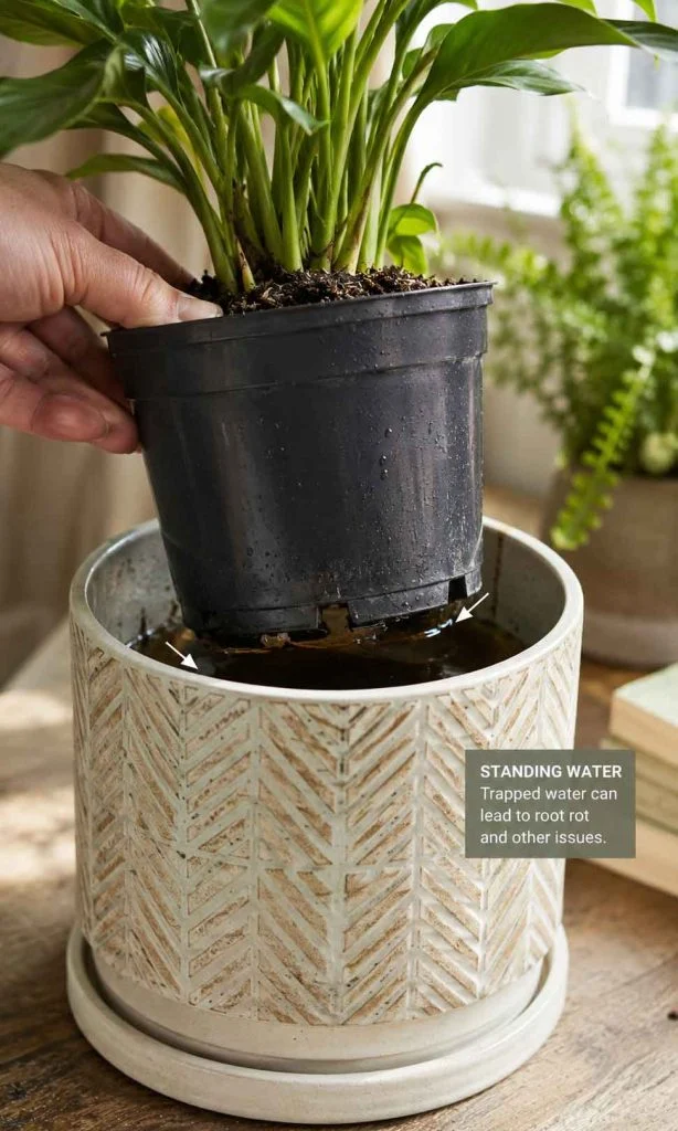 Standing water hidden inside decorative cachepot