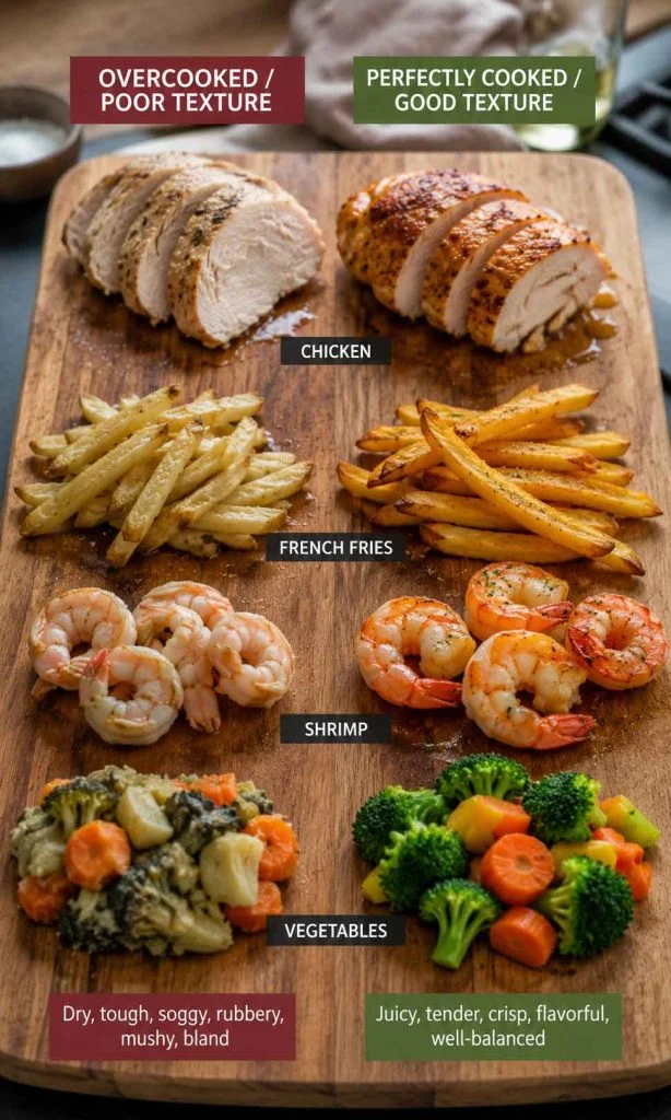Comparison of dry, soggy, rubbery and perfectly cooked foods