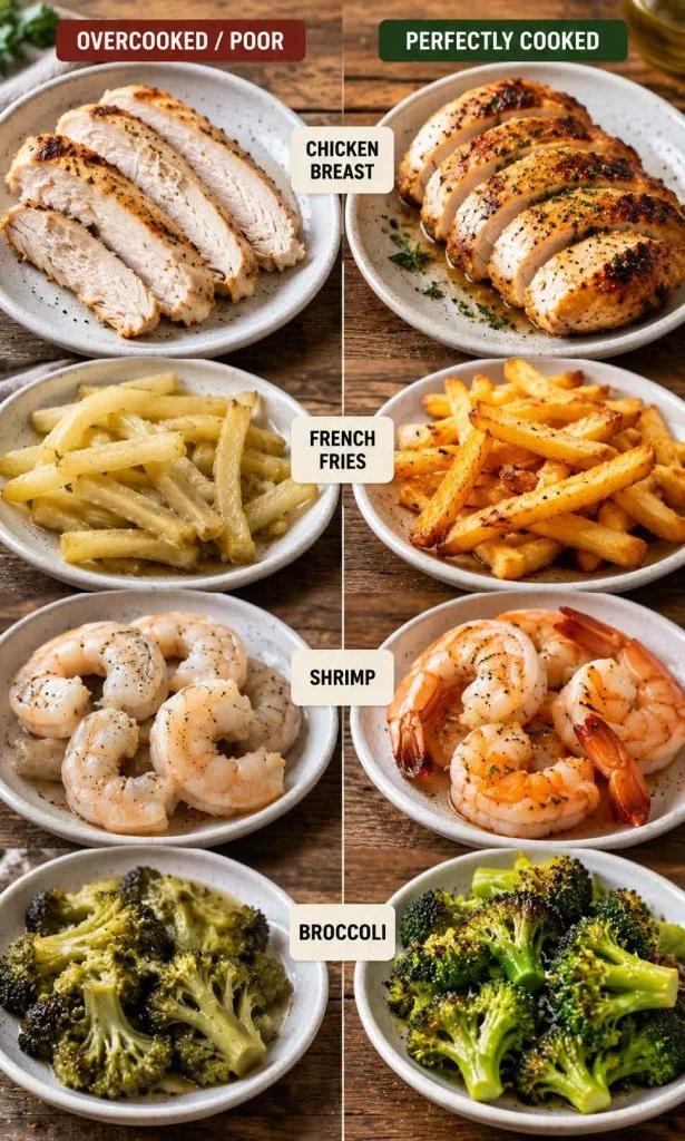 Comparison of dry meat, soggy fries, mushy vegetables and perfectly cooked food