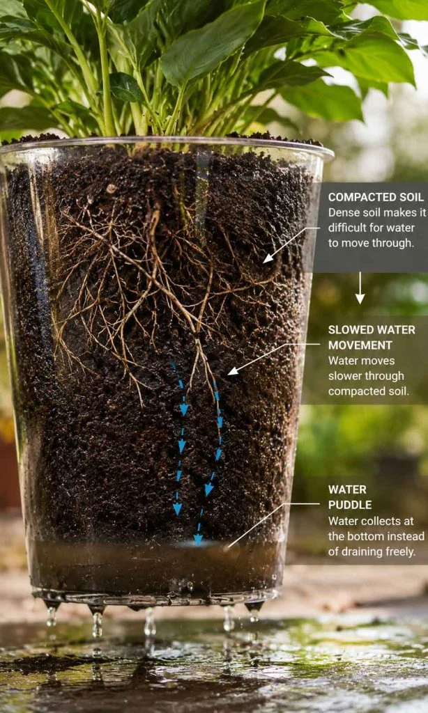 Compacted potting soil preventing drainage