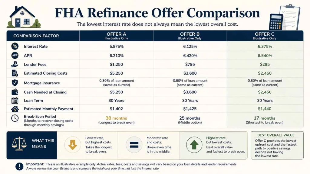 Comparison of FHA refinance offers using interest rate, APR, closing costs, mortgage insurance, and loan term