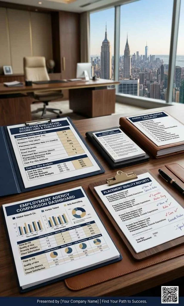 Recruitment comparison workspace showing employment agency scorecards, service comparison checklist, hiring reports, and evaluation documents.