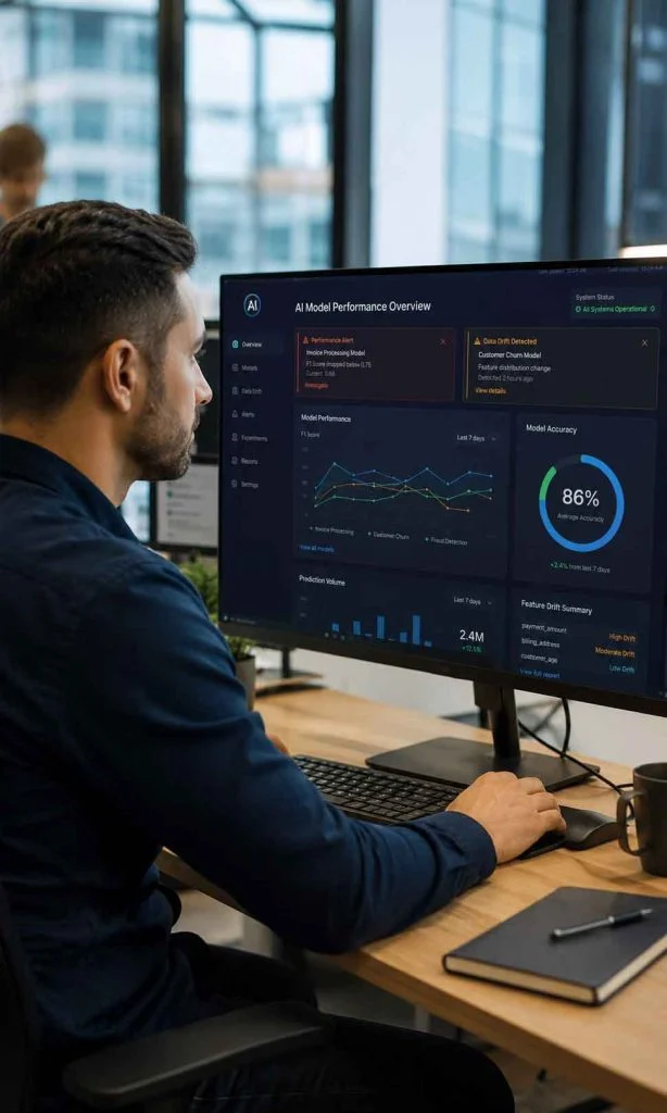 Business analyst continuously monitoring enterprise AI reporting performance