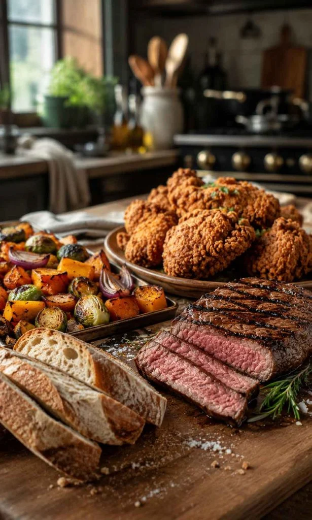Chef comparing roasted fried baked and grilled crispy foods