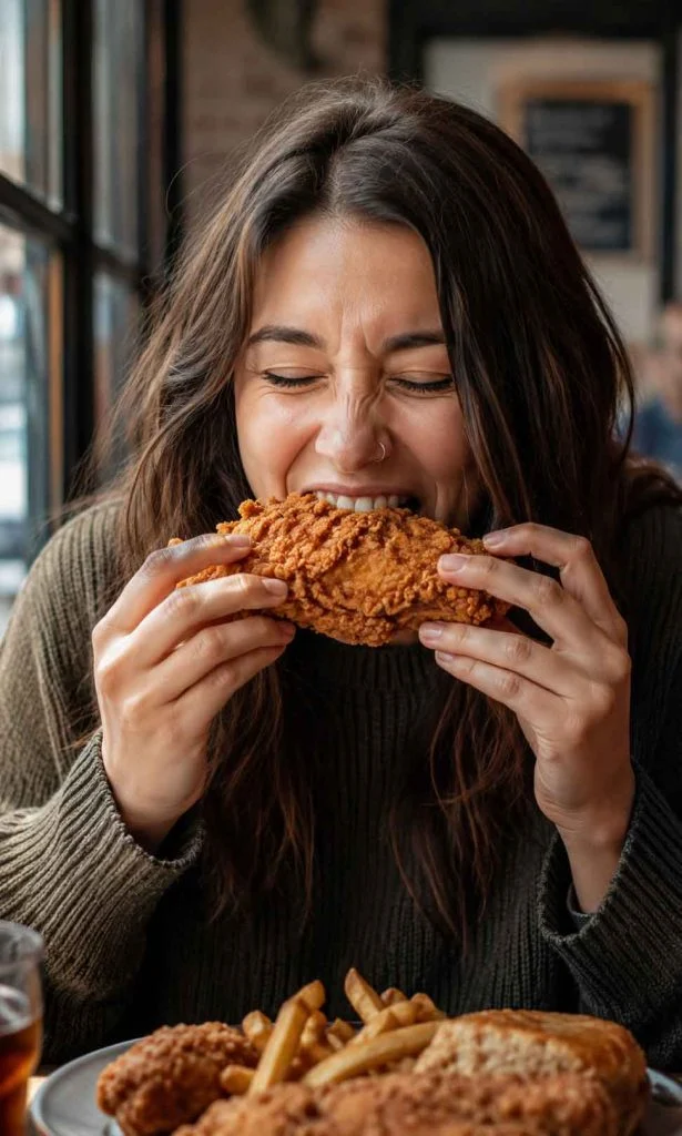 Person enjoying crispy fried food during a meal