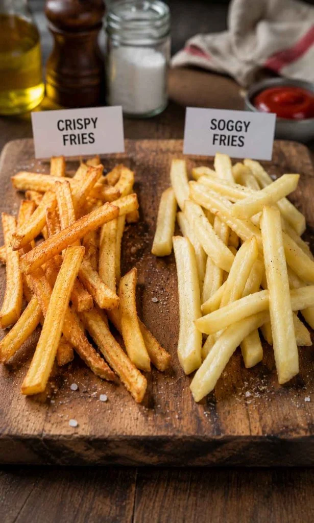 Fresh crispy fries beside soggy fries comparison