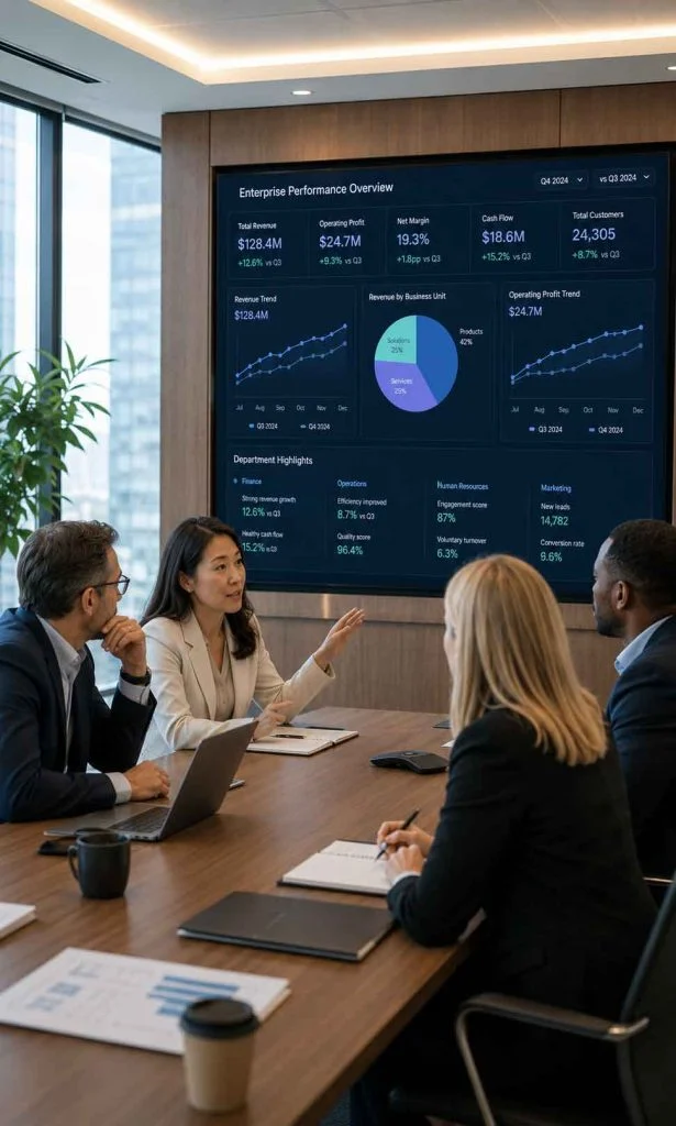 Cross-functional business leaders collaborating on enterprise reporting