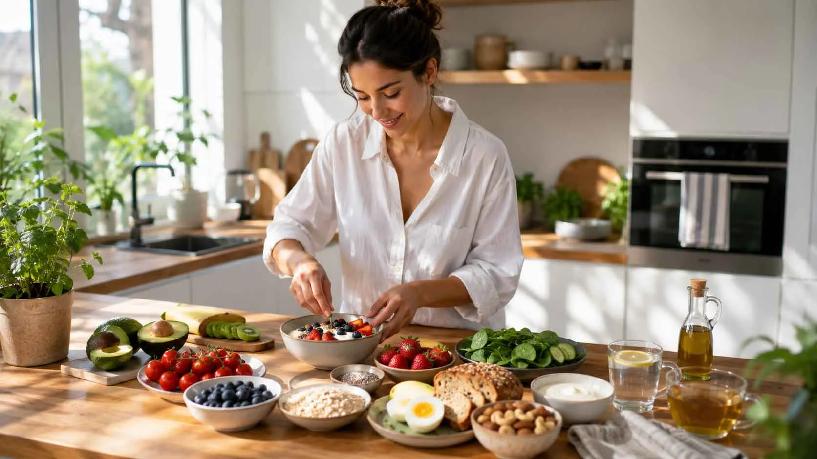 Person preparing a healthy balanced breakfast with fresh fruits, vegetables, whole grains, and nutritious ingredients in a bright modern kitchen.
