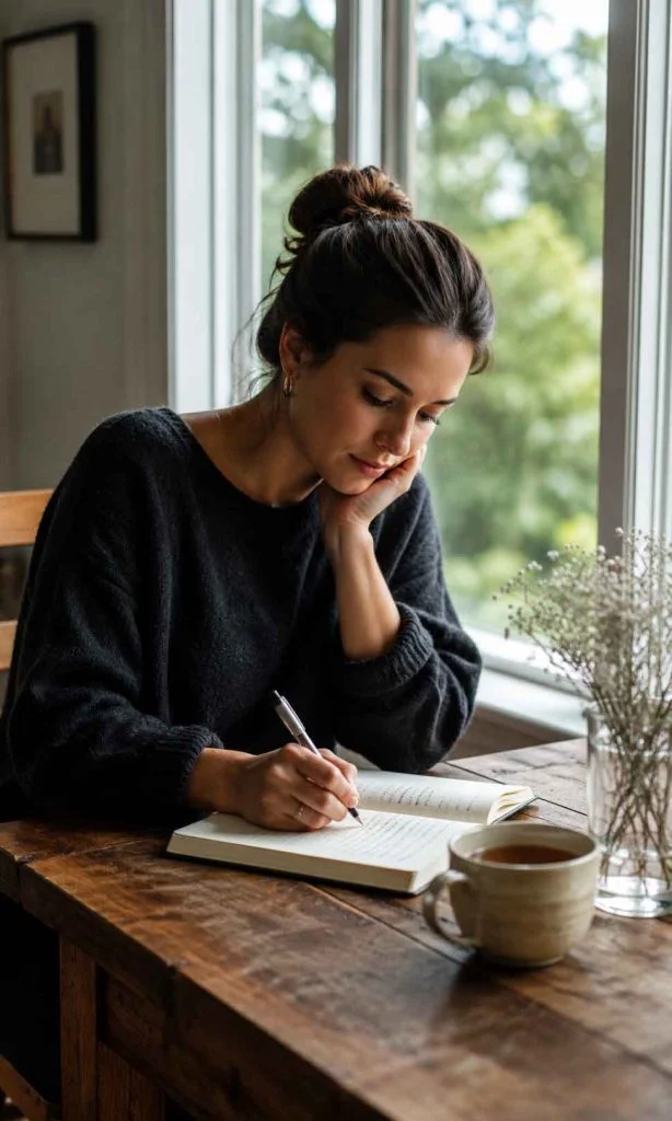 Woman writing personal reflections in a journal beside a window.