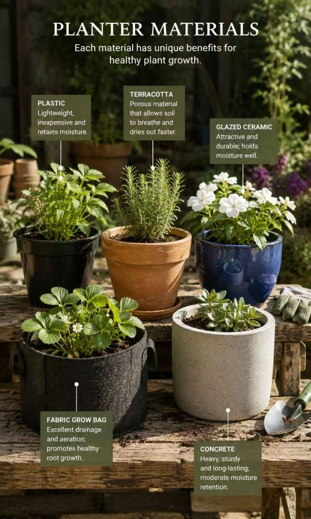 Comparison of plastic terracotta ceramic fabric and concrete pots