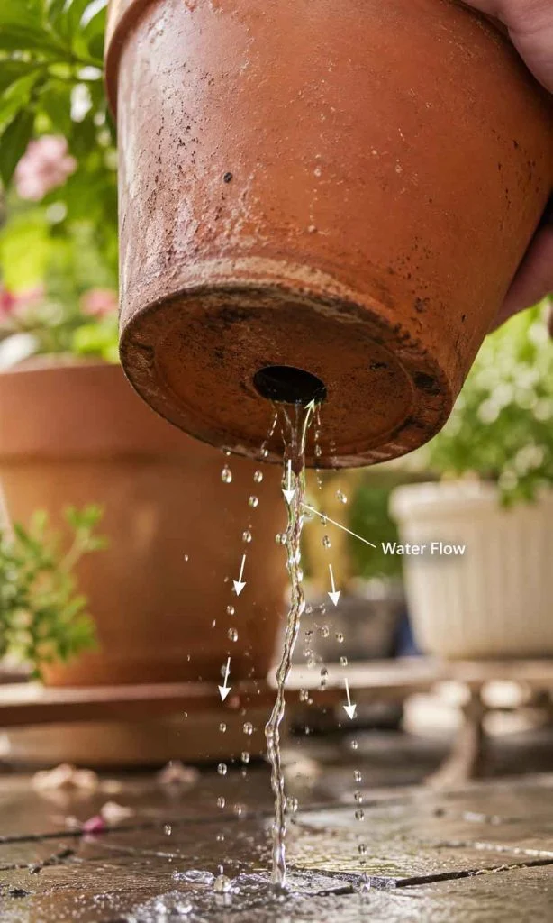 Water flowing correctly through drainage holes
