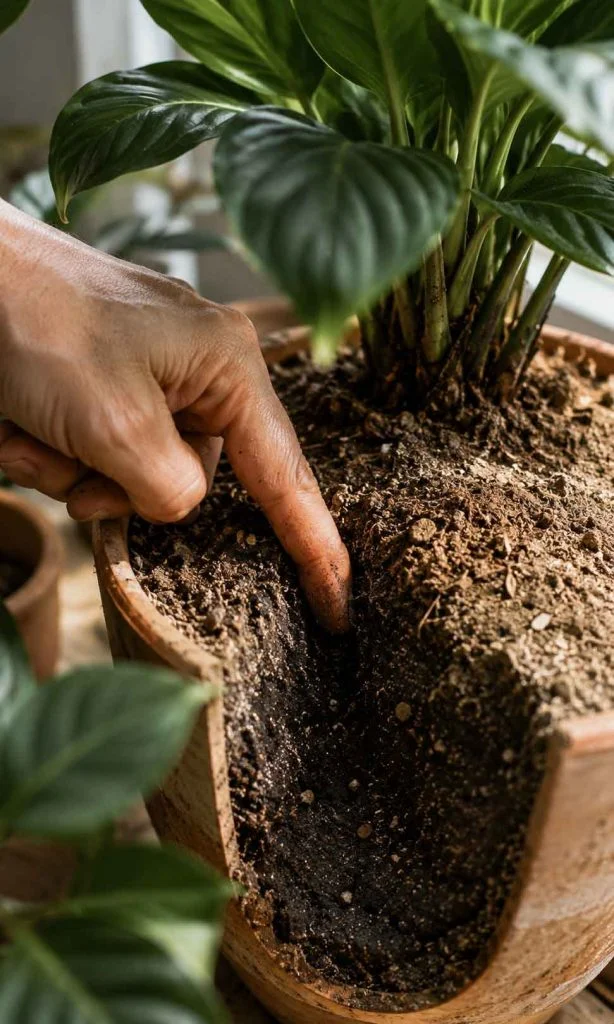 Gardener checking soil beneath a dry-looking surface