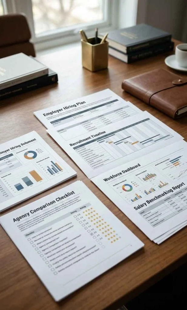 Employer recruitment planning workspace with hiring strategy documents, recruitment timeline, agency comparison checklist, and workforce planning dashboard.